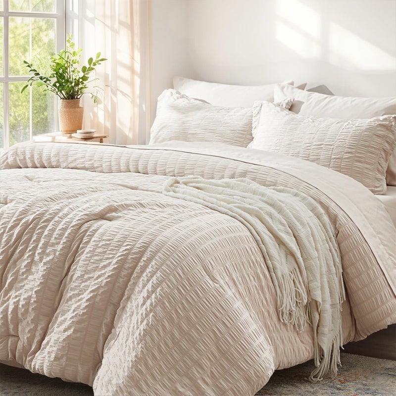 Zzlpp Beige Queen Comforter Set 7 Pieces, Seersucker Bed in a Bag for Bedroom, All Season Bedding Sets with 1 Comforter, 2 Pillow Shams, 2 Pillowcases, 1 Flat Sheet, 1 Fitted Sheet - Image 1