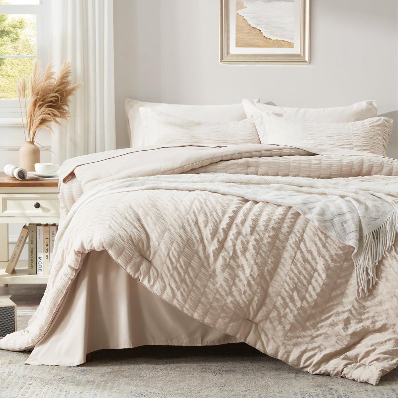 Zzlpp Beige Queen Comforter Set 7 Pieces, Seersucker Bed in a Bag for Bedroom, All Season Bedding Sets with 1 Comforter, 2 Pillow Shams, 2 Pillowcases, 1 Flat Sheet, 1 Fitted Sheet - Image 2