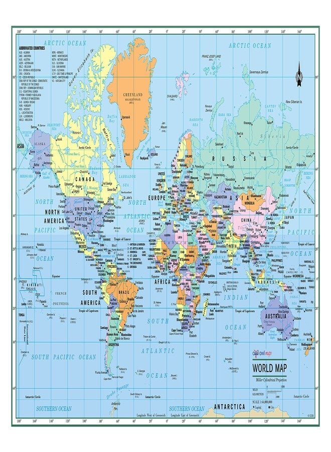 Cool Owl Maps World Wall Map Political Color Poster 22"x17" - Large Type Rolled Paper - Image 1