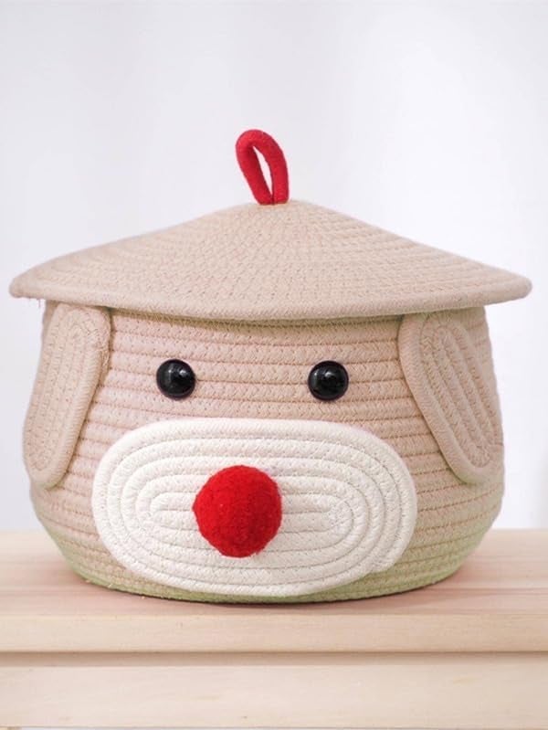BUNAII Jute Cotton Cute Bear Hand Woven Fruit basket, storage basket, Oraganizer Box For jewellery, toys, cosmetics and for multipurpose uses with cap (BEIGE) Pack of 1 (11 x 11 x 7) Inches  - Image 1
