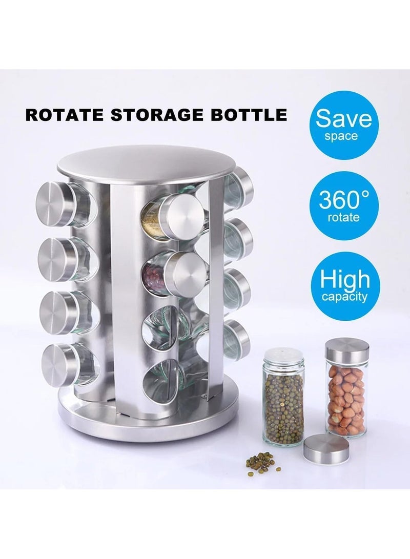 MARK STORE Spice Rack Carousel Rotating with 16 Glass Jars Stainless Steel, Countertop Seasoning Organizer, for Kitchen, Including Carousel Spinner Jars Holder Stand  - Image 4