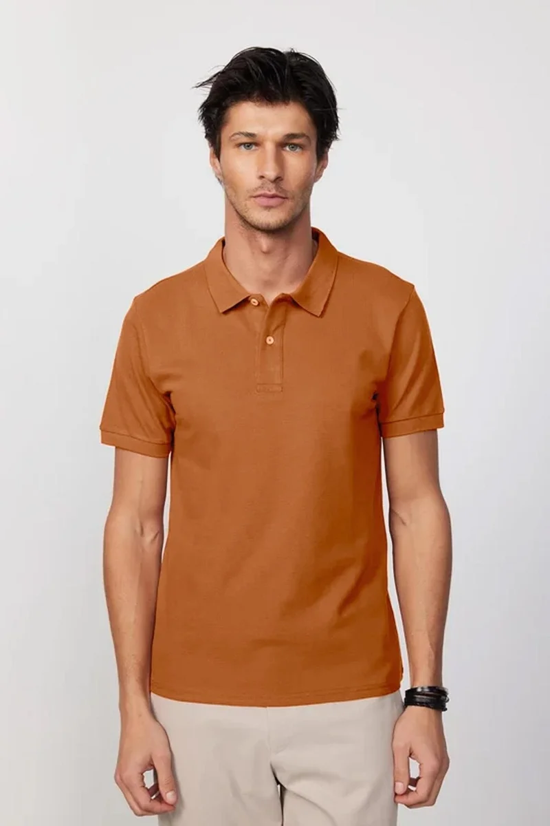 Tudors Men's Slim Fit Narrow Cut Cotton Plain Pique Brown Polo Collar T-Shirt