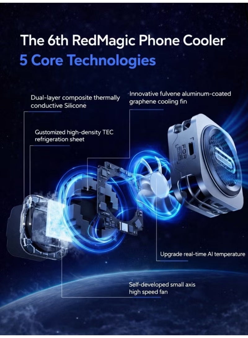 ريد ماجيك مبرد هاتف ريد ماجيك 6 برو المغناطيسي مصمم خصيصًا لمحبي الألعاب مثل ببجي موبايل وكول أوف ديوتي، مزود بمروحة تبريد فائقة بقدرة 30 واط، ومشتت حراري من الجرافين لتبديد الحرارة بكفاءة عالية. يتم تثبيته بسهولة باستخدام  لوحة مغناطيسية للتثبيت المباشر على الأجهزة الداعمة. يدعم الهواتف الذكية، الأجهزة اللوحية، الآيباد، وحتى أجهزة Steam Deck. مثالي لتقليل حرارة الجهاز أثناء جلسات اللعب المكثفة - اصدار مميز اسود - Image 5