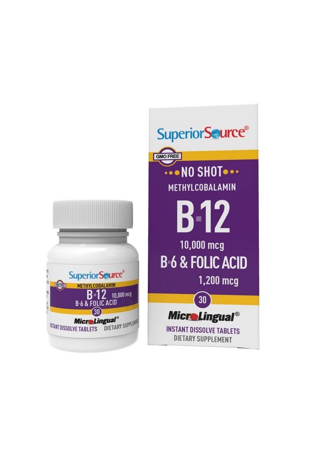 Superior Source No Shot Vitamin B12 Methylcobalamin 10000 Mcg B6 Folic Acid Quick Dissolve Sublingual Tablets 30 Ct Increase Energy Healthy Heart Boost Metabolism Stress Support Nongmo  - Image 1