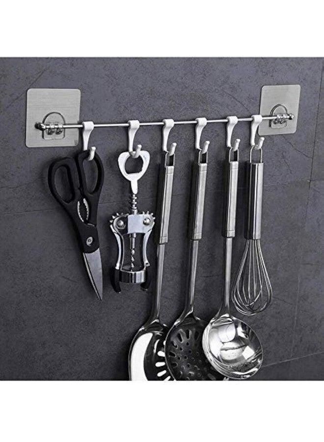 Xacton Stainless Steel Hangers and Hook with Magic Sticker I No Drill Self-Adhesive Rod & 9 Hooks I Wall Mounted Utensil Hanging Rack I for Cloth Kitchen Bathroom Accessories Items - Silver (1 Pcs) - Image 1