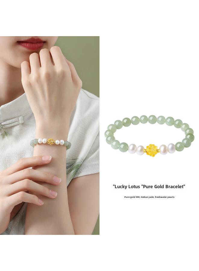 Autumn And Winter New Gold 999 Lotus Bracelet Women's Gold Jewelry Hetian Jade Natural Freshwater Pearl Bracelet  - Image 1