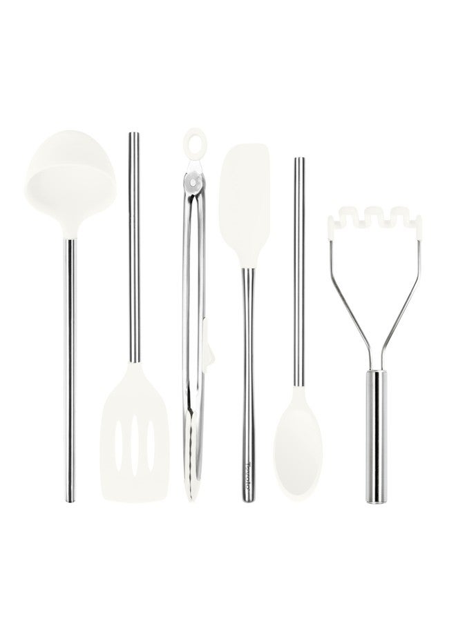 توفولو مجموعة أدوات طهي سيليكون من توفولو، 6 قطع، تتضمن مغرفة بيضاء، ملقط مثقوب، ملعقة مسطحة مرنة، مكشطة، ملعقة خلط، وهراسة بطاطس، آمنة للغسل في غسالة الأطباق، مصنوعة من السيليكون غير السام والخالي من مادة BPA. - Image 1