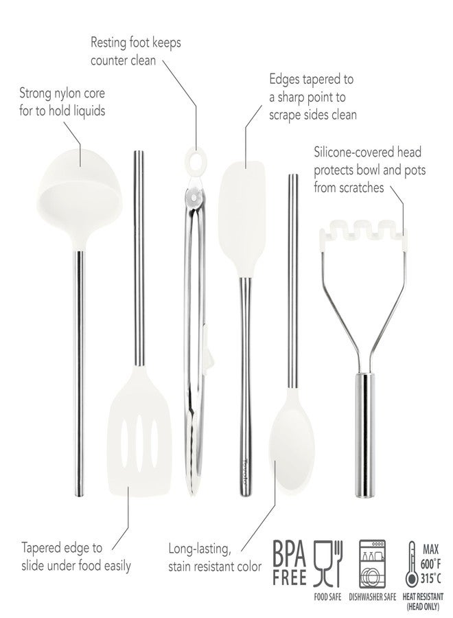 توفولو مجموعة أدوات طهي سيليكون من توفولو، 6 قطع، تتضمن مغرفة بيضاء، ملقط مثقوب، ملعقة مسطحة مرنة، مكشطة، ملعقة خلط، وهراسة بطاطس، آمنة للغسل في غسالة الأطباق، مصنوعة من السيليكون غير السام والخالي من مادة BPA. - Image 4