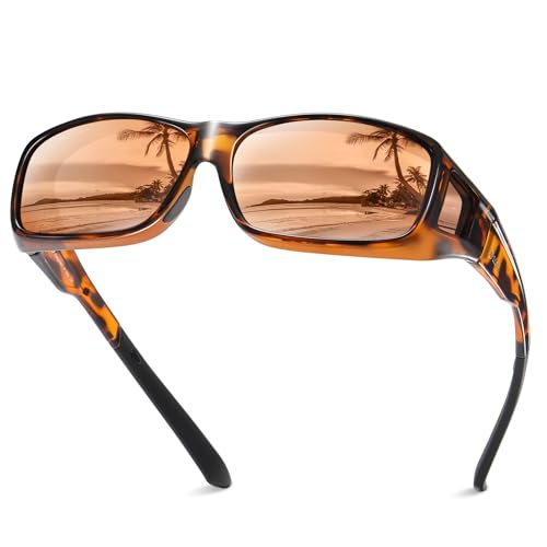DUCO Polarized Wraparound Fitover Glasses Wear Over Sunglasses for Men Women UV Protection Sun Glasses 8954 (Tortoise Frame Brown Lens) - Image 1