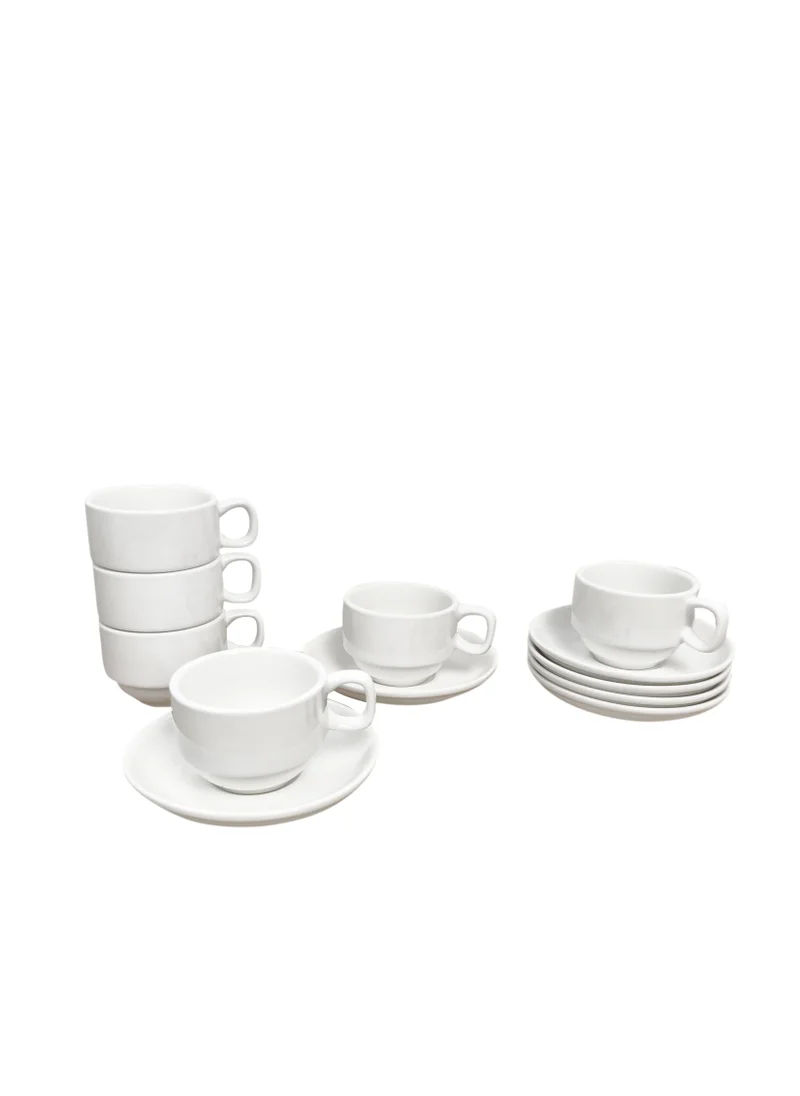 كويزين أرت Cuisine Art Porcelain Coffee Cup & Saucer Set – 6 Cups (120ml) & 6 Saucers (13cm) – Elegant White Ceramic Teacup Set for Espresso, Cappuccino, Latte – Microwave & Dishwasher Safe