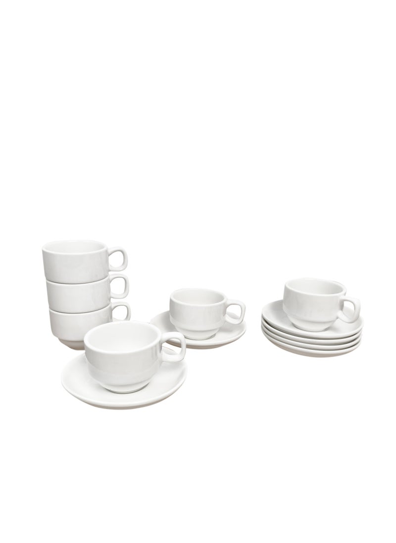 Cuisine Art - Cuisine Art Porcelain Coffee Cup & Saucer Set – 6 Cups (120ml) & 6 Saucers (13cm) – Elegant White Ceramic Teacup Set for Espresso, Cappuccino, Latte – Microwave & Dishwasher Safe - Image 1
