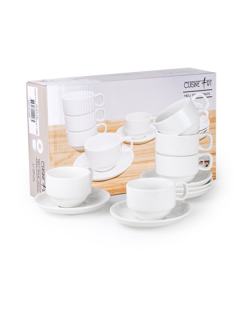 Cuisine Art - Cuisine Art Porcelain Coffee Cup & Saucer Set – 6 Cups (120ml) & 6 Saucers (13cm) – Elegant White Ceramic Teacup Set for Espresso, Cappuccino, Latte – Microwave & Dishwasher Safe - Image 1