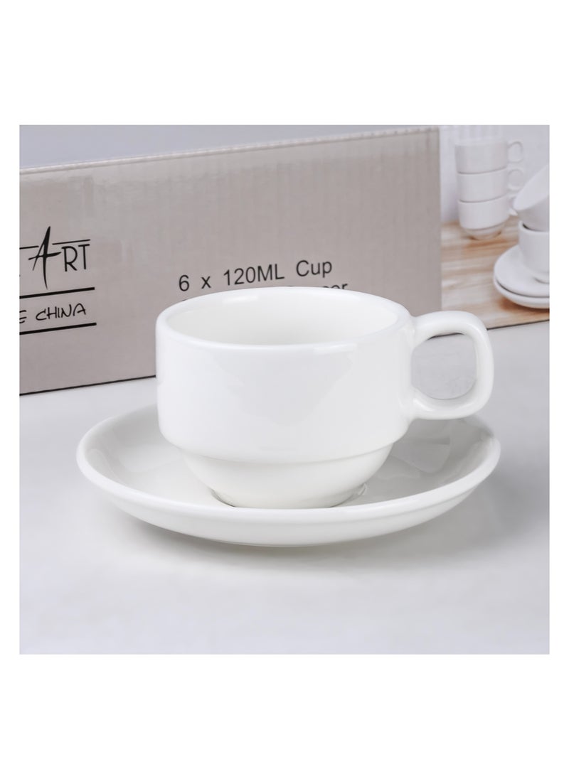 Cuisine Art - Cuisine Art Porcelain Coffee Cup & Saucer Set – 6 Cups (120ml) & 6 Saucers (13cm) – Elegant White Ceramic Teacup Set for Espresso, Cappuccino, Latte – Microwave & Dishwasher Safe - Image 1