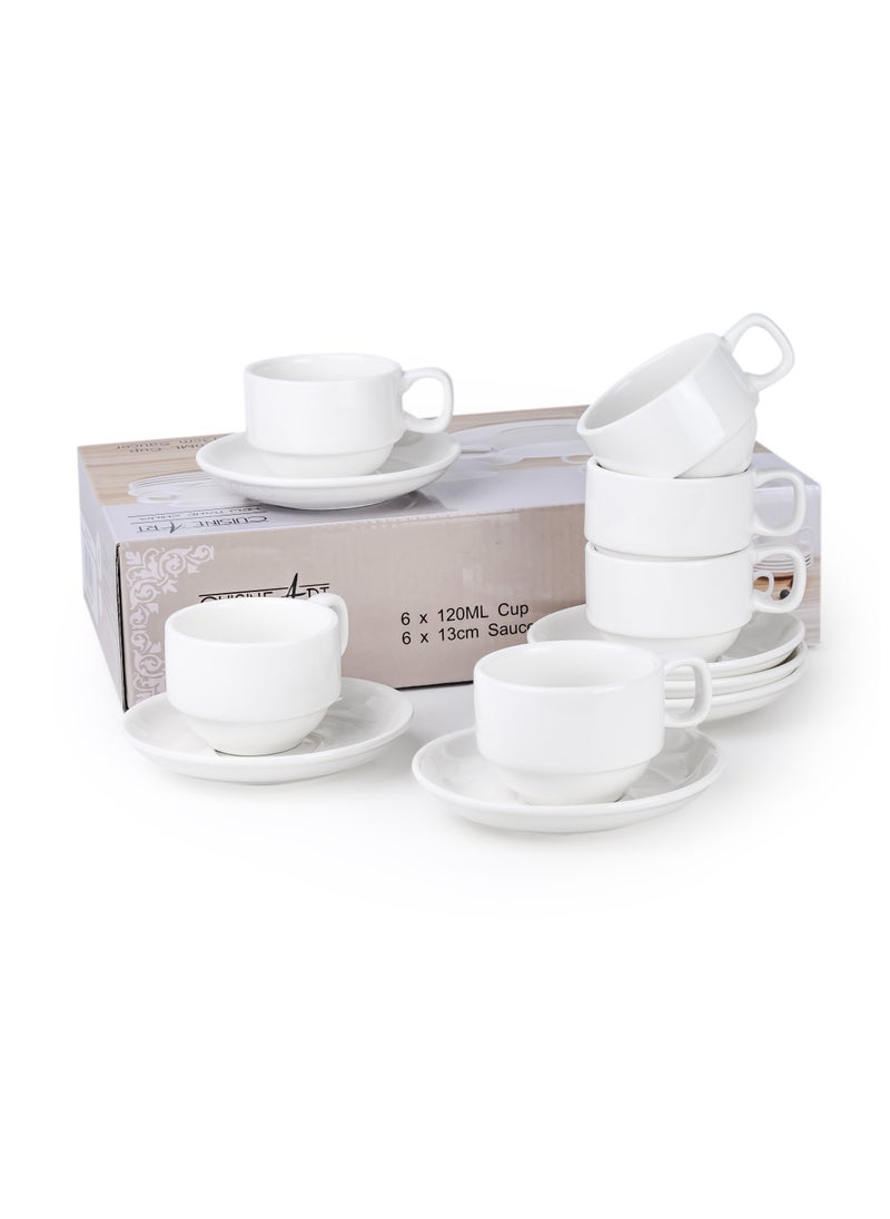 Cuisine Art - Cuisine Art Porcelain Coffee Cup & Saucer Set – 6 Cups (120ml) & 6 Saucers (13cm) – Elegant White Ceramic Teacup Set for Espresso, Cappuccino, Latte – Microwave & Dishwasher Safe - Image 1