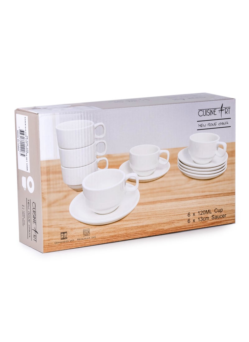 Cuisine Art - Cuisine Art Porcelain Coffee Cup & Saucer Set – 6 Cups (120ml) & 6 Saucers (13cm) – Elegant White Ceramic Teacup Set for Espresso, Cappuccino, Latte – Microwave & Dishwasher Safe - Image 1