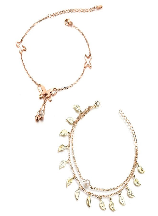 OOMPHelicious Jewellery Combo of 2 Gold Tone Butterfly & Pearl Fashion Anklet For Women & Girls - Image 1