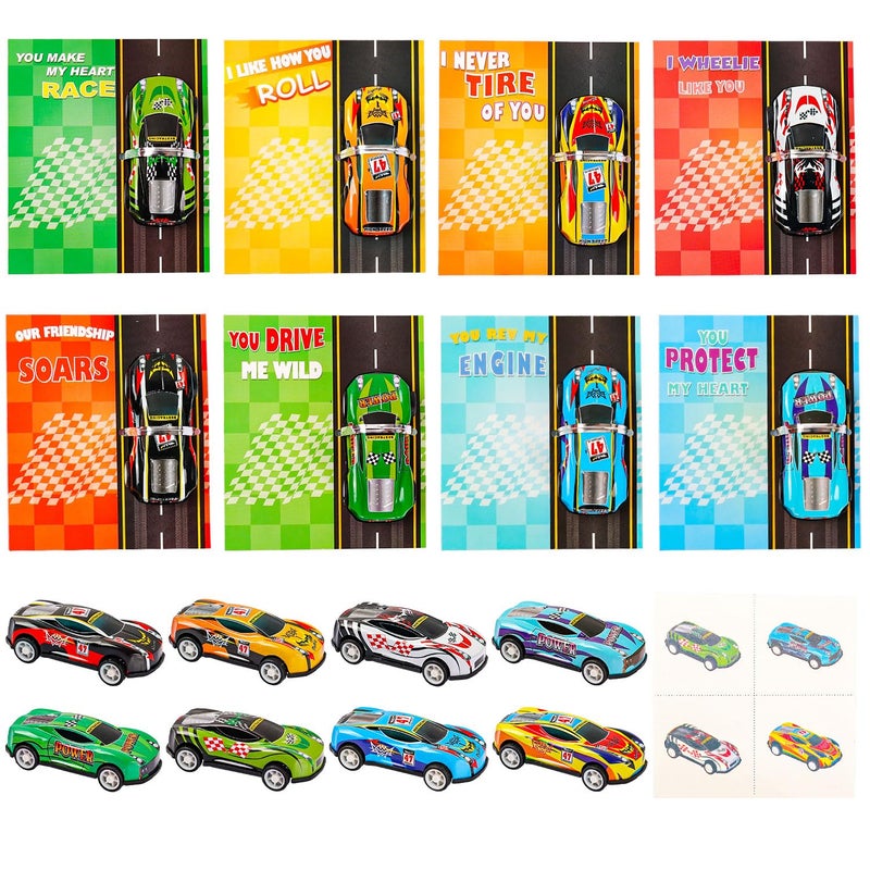 catnee Valentines Day Cards for Kids 32 Pack Race Cars Valentines Greeting Cards with Pull Back Cars Toys Temporary Tattoos Valentines Day Exchange Gift Cards for Boys Classroom School Party Supplies - Image 2