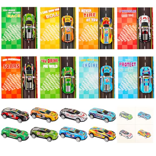 catnee Valentines Day Cards for Kids 32 Pack Race Cars Valentines Greeting Cards with Pull Back Cars Toys Temporary Tattoos Valentines Day Exchange Gift Cards for Boys Classroom School Party Supplies - Image 1