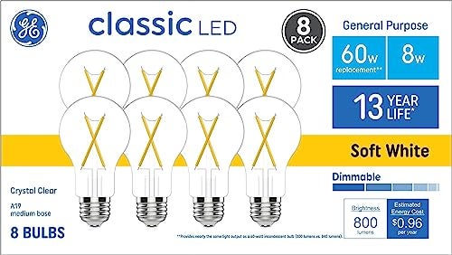 GE 60 Watt EQ A19 Classic Crystal Clear Soft White Medium Base e26 Dimmable LED Light Bulb 8Pack - Image 1