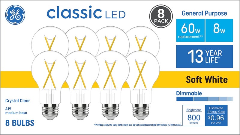 GE 60 Watt EQ A19 Classic Crystal Clear Soft White Medium Base e26 Dimmable LED Light Bulb 8Pack - Image 2