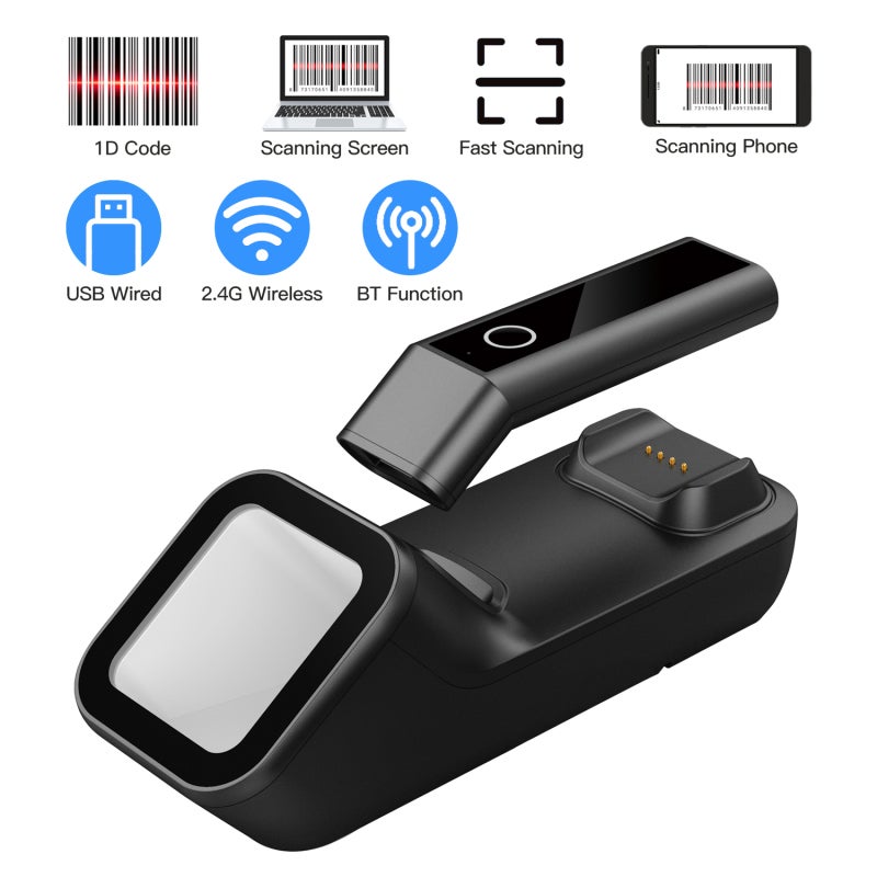 ماسح الباركود 3 في 1 المحمول قارئ الباركود 1D يدعم BT واتصال لاسلكي 2.4G واتصال سلكي USB مع قاعدة شحن ومسح متوافق مع ويندوز أندرويد ماك iOS للسوبر ماركت والخدمات اللوجستية والمستودعات والدفع عبر الهاتف المحمول - Image 5