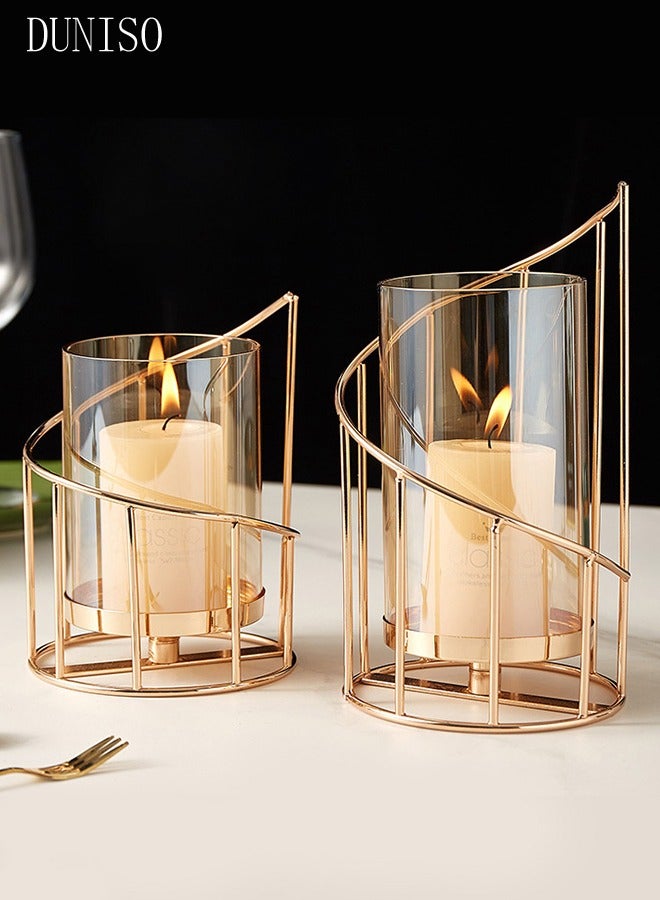 DUNISO 2 Pcs Metal Wire Candle Holder，Geometric Glass Pillar Candle Holders，Removable Glass Cover Metal Candlesticks，High temperature resistance，sturdy and durable，for Home Decor Table Decorations Centerpiece - Image 3
