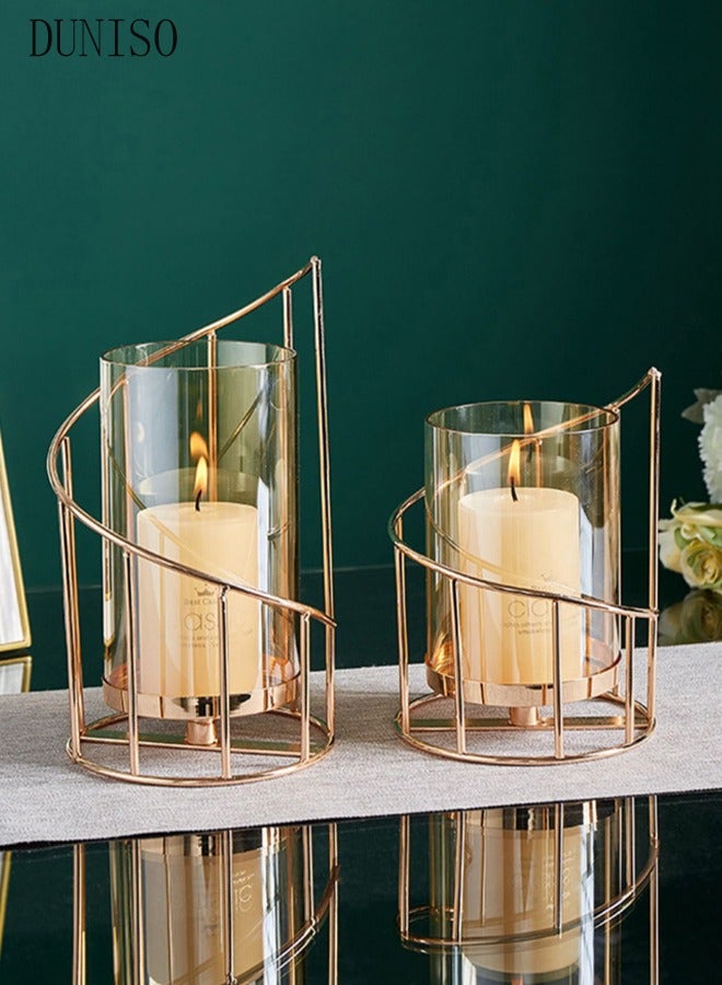 DUNISO 2 Pcs Metal Wire Candle Holder，Geometric Glass Pillar Candle Holders，Removable Glass Cover Metal Candlesticks，High temperature resistance，sturdy and durable，for Home Decor Table Decorations Centerpiece - Image 1