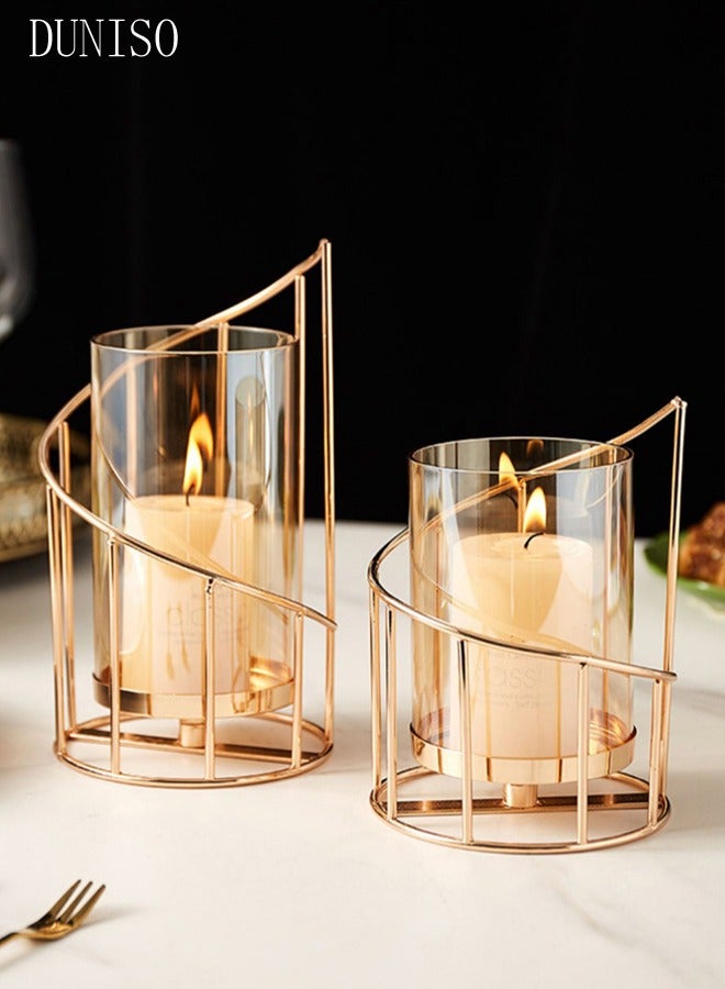 DUNISO 2 Pcs Metal Wire Candle Holder，Geometric Glass Pillar Candle Holders，Removable Glass Cover Metal Candlesticks，High temperature resistance，sturdy and durable，for Home Decor Table Decorations Centerpiece - Image 4