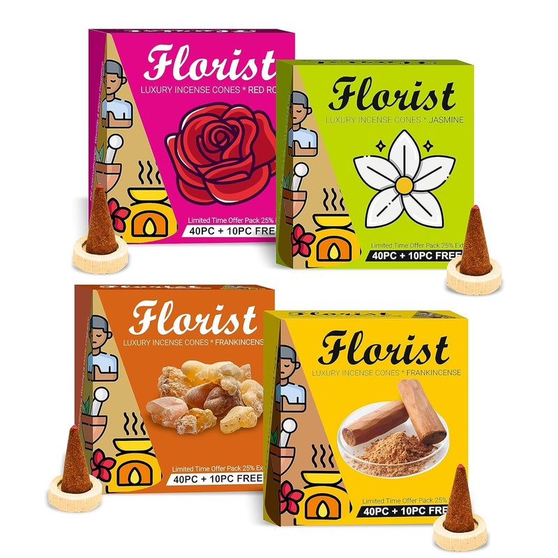 PARAG FRAGRANCES Parag Fragrances Florist Dhoop Incense Cones Rose Sandal Frankincense Jasmine Combo Pack Natural Essential Oils Flowers 200 Sticks Pack - Image 1