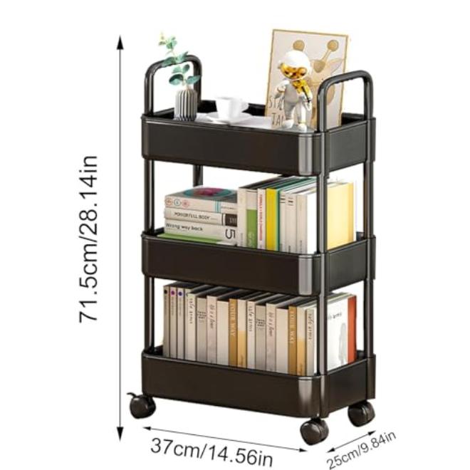 oydas Storage Rack 4-Tier Rolling Cart with Wheels,Easy Assemble Mobile Storage Trolley On Wheels,Sturdy Construction Strong Load-bearing Mobile Rack Trolley Bookshelf (White) (Black, 4 layers) - Image 3
