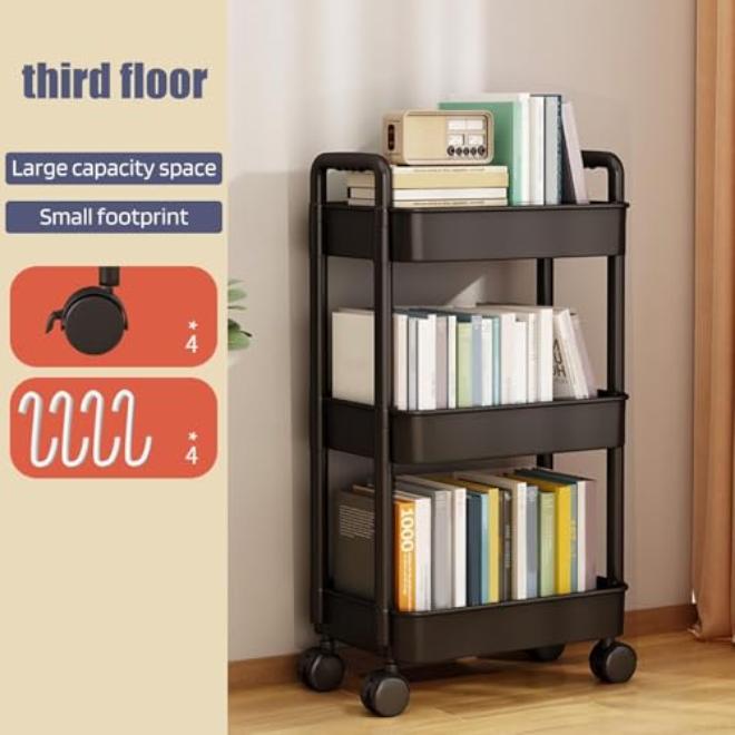 oydas Storage Rack 4-Tier Rolling Cart with Wheels,Easy Assemble Mobile Storage Trolley On Wheels,Sturdy Construction Strong Load-bearing Mobile Rack Trolley Bookshelf (White) (Black, 4 layers) - Image 2