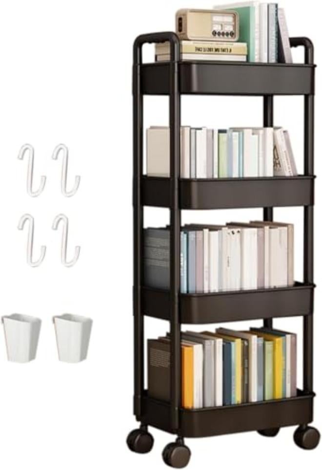 oydas Storage Rack 4-Tier Rolling Cart with Wheels,Easy Assemble Mobile Storage Trolley On Wheels,Sturdy Construction Strong Load-bearing Mobile Rack Trolley Bookshelf (White) (Black, 4 layers) - Image 1