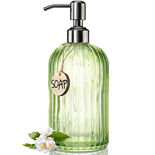 JASAI 18 Oz Vertical Striped Green Soap Dispenser with 304 Rust Proof Stainless Steel Pump, Refillable Lotion Soap Dispenser for Bathroom, Kitchen, Hand Soap, Dish Soap (Clear Green) - Image 1