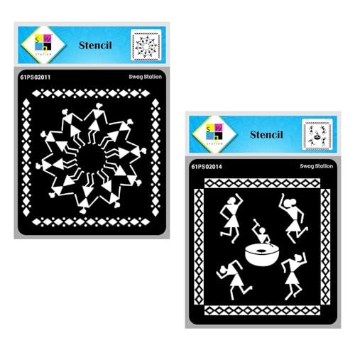 SWAGSTATION Tribal Stencil - Folk Art Stencil | Tribal Dance - 6x6inch for Art & Craft, Mixed Media, DIY Albums, Card Making, Art Journal, Scrapbook, Decoupage & Painting | 2 Pcs - Image 1