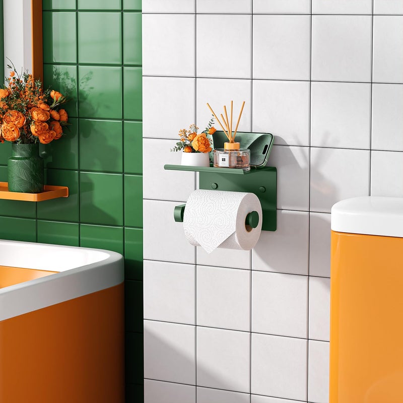 Tindbea Toilet Paper Holder with Shelf Adhesive or Screw Wall Mounted Toilet Paper Roll Dispenser Storage  Stainless Steel Bathroom Shelf Holder Accessories (Forest Green) - Image 1