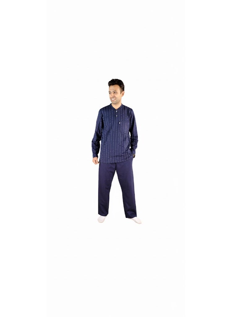 Jet Men Winter Pajama Set Long Sleeve & Plain Bottom-Navy Blue - Image 2