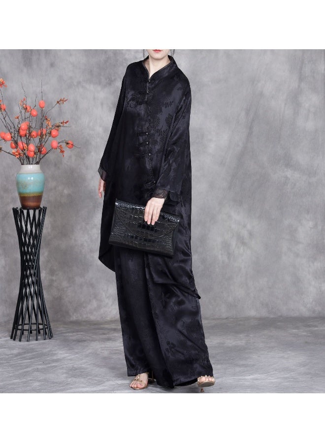 Loquat Vintage Floral Brocade Top and High-Waisted Wide-Leg Pants Two-Piece Set - Image 3