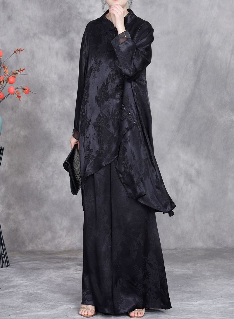 Loquat Vintage Floral Brocade Top and High-Waisted Wide-Leg Pants Two-Piece Set - Image 1