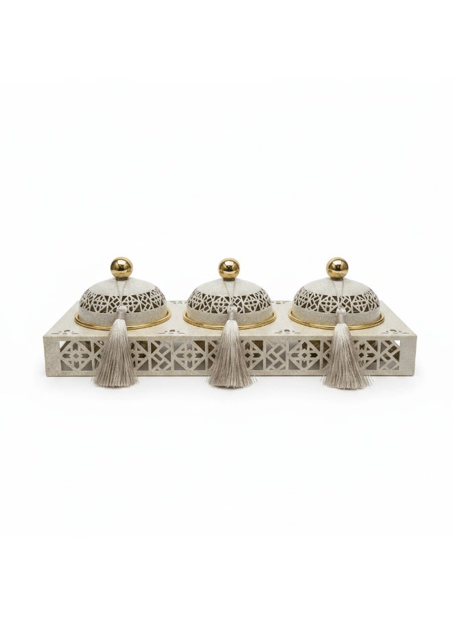 AKDC Cream & Gold Arabesque Candy Bowl with Holder — 3 Pcs Set - 40×15 cm - Image 3