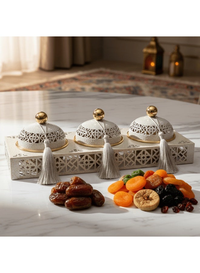 AKDC Cream & Gold Arabesque Candy Bowl with Holder — 3 Pcs Set - 40×15 cm - Image 4
