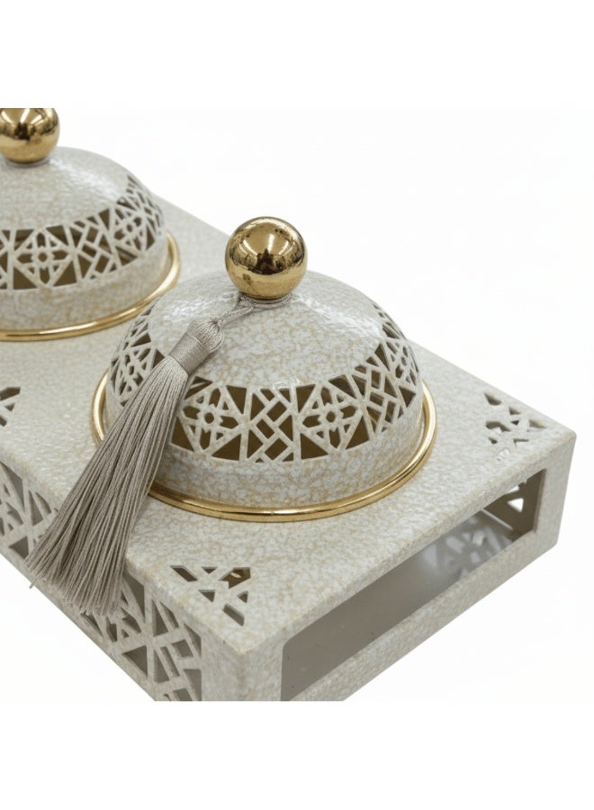 AKDC Cream & Gold Arabesque Candy Bowl with Holder — 3 Pcs Set - 40×15 cm - Image 1