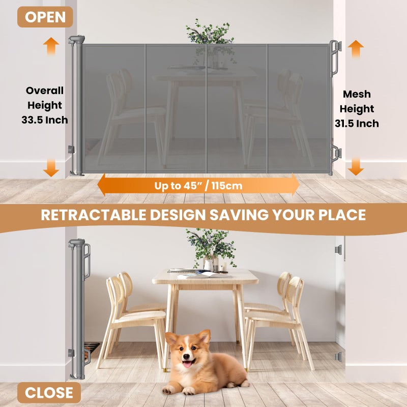 Spaceany Reinforced Retractable Baby Gate or Mesh Dog Gate,Easy to Use for Stairs, Doorways, Hallways, Indoor, Outdoor, Wide Pet Gate 33.5" Tall, Extends to 45" Wide, Gray - Image 2