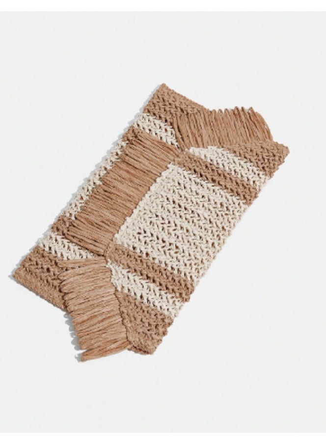 Shein SHEIN VCAY Medium Stripe Pattern Fringe Trim Straw Bag,Woven Bag,Perfect For Summer Beach Travel - Image 4