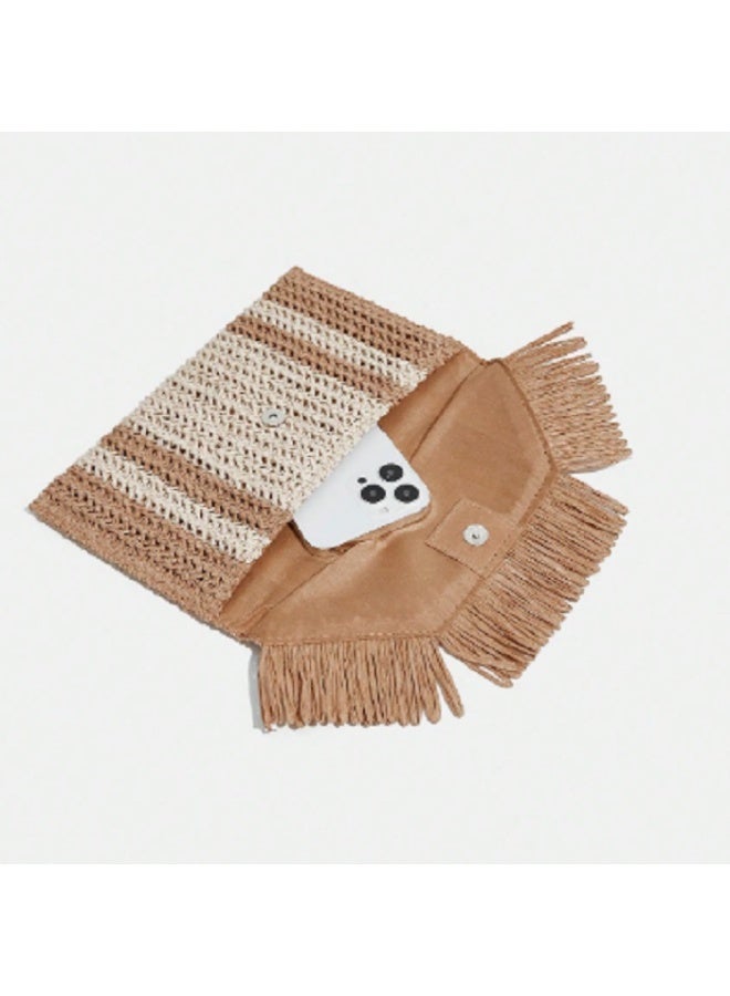Shein SHEIN VCAY Medium Stripe Pattern Fringe Trim Straw Bag,Woven Bag,Perfect For Summer Beach Travel - Image 3