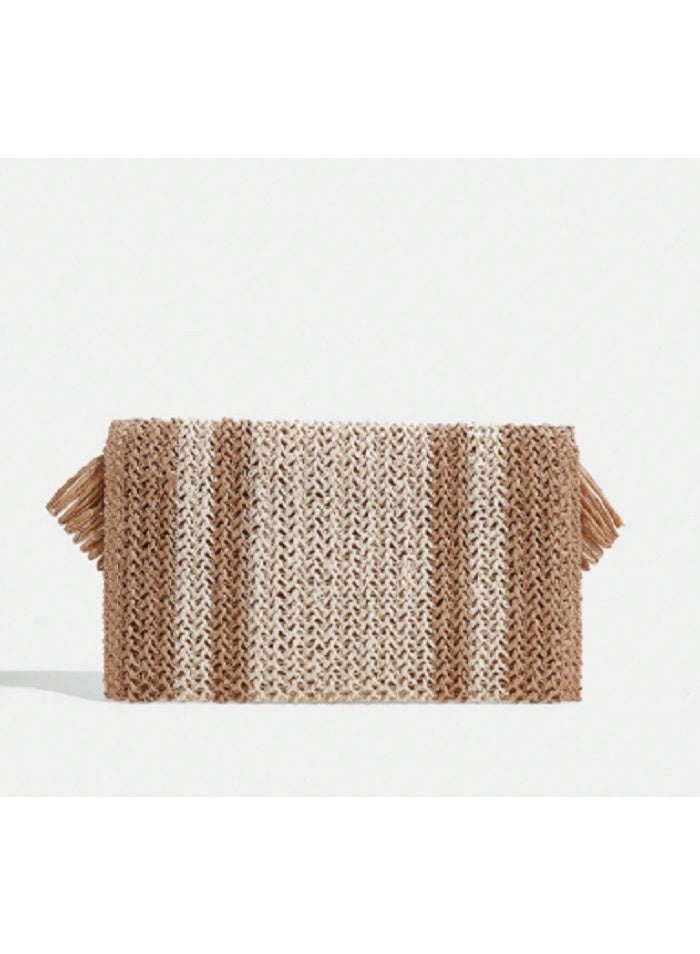 Shein SHEIN VCAY Medium Stripe Pattern Fringe Trim Straw Bag,Woven Bag,Perfect For Summer Beach Travel - Image 2