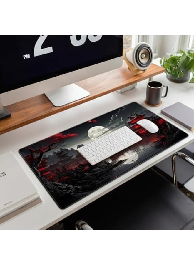 سكاي تاتش ماوس باد المكتب الكبير بتصميم القمر الكامل على ضفاف النهر، مقاس 31.5×15.7 بوصة، قاعدة مطاطية مانعة للانزلاق، سطح ناعم، حواف مخيطة، لوحة مفاتيح موسّعة بالألوان الأسود والأحمر للمكتب أو الألعاب - Image 5