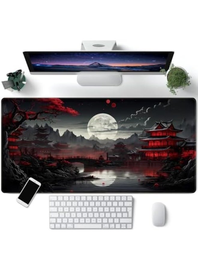 سكاي تاتش ماوس باد المكتب الكبير بتصميم القمر الكامل على ضفاف النهر، مقاس 31.5×15.7 بوصة، قاعدة مطاطية مانعة للانزلاق، سطح ناعم، حواف مخيطة، لوحة مفاتيح موسّعة بالألوان الأسود والأحمر للمكتب أو الألعاب - Image 1