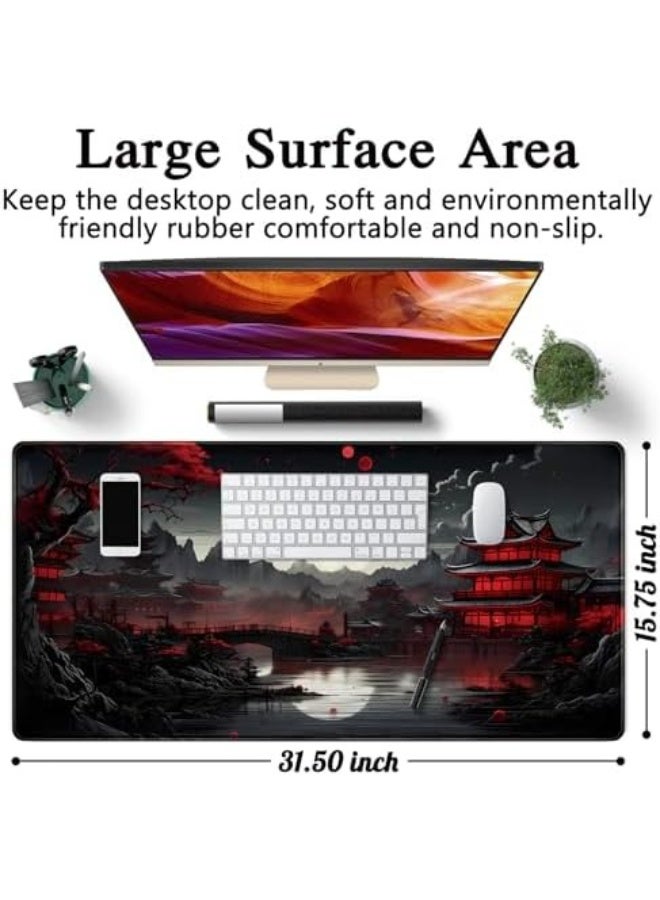 سكاي تاتش ماوس باد المكتب الكبير بتصميم القمر الكامل على ضفاف النهر، مقاس 31.5×15.7 بوصة، قاعدة مطاطية مانعة للانزلاق، سطح ناعم، حواف مخيطة، لوحة مفاتيح موسّعة بالألوان الأسود والأحمر للمكتب أو الألعاب - Image 3