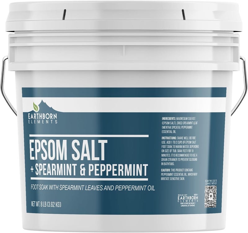 Earthborn Elements Spearmint & Peppermint Epsom Salt Foot Soak, 1 Gallon Bucket, Minty Aroma, With Real Spearmint Leaves (8 Pounds)