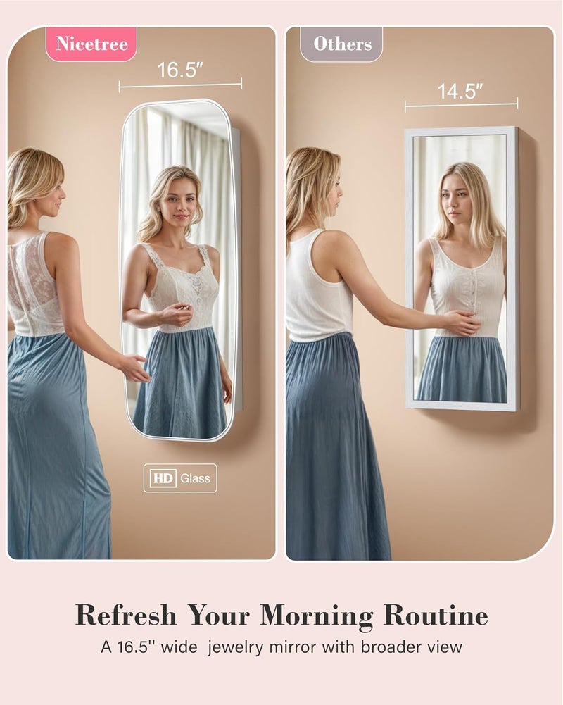 Nicetree خزانة مجوهرات مرآة LED، منظم مجوهرات دائري، منظم مجوهرات مثبت على الحائط أو الباب مع مرآة داخلية، مرآة واسعة قابلة للقفل مع تخزين للمجوهرات، 2 درج، أبيض نقي - Image 5